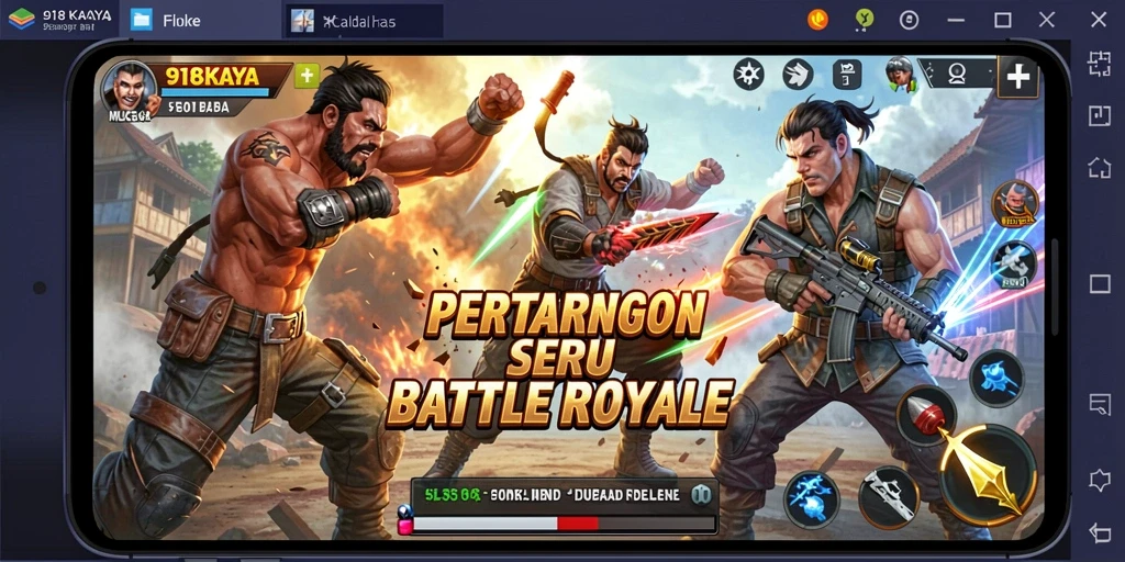 Tampilan gameplay mendebarkan dalam 918KAYA saat bertempur di arena Battle Royale.