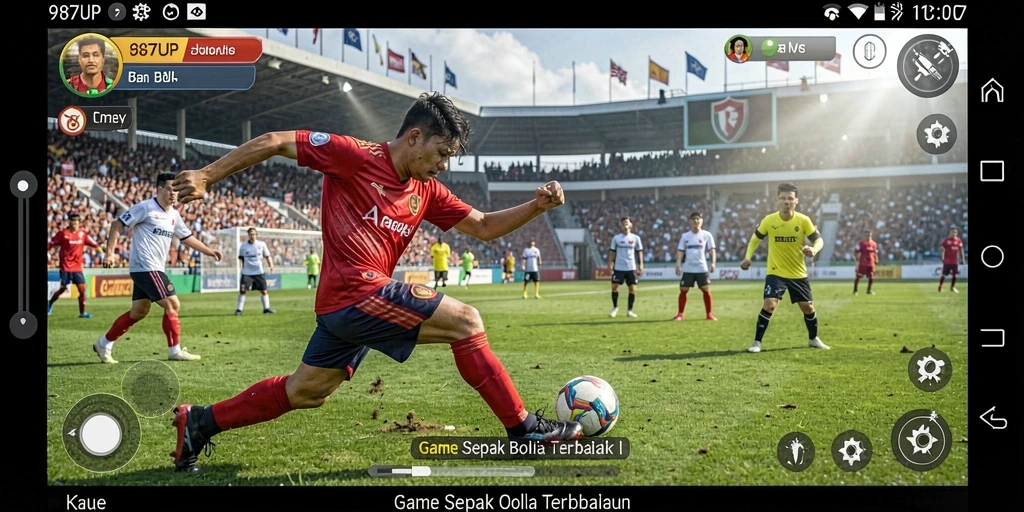 Screenshot utama 987UP menunjukkan gameplay sepak bola yang seru dan penuh aksi.