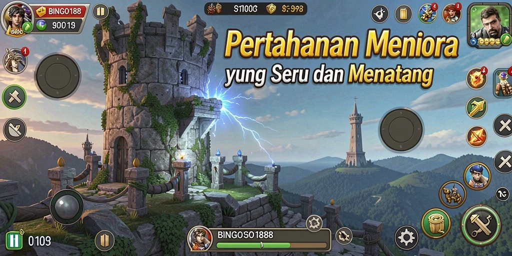 Screenshot BINGO188 menampilkan aksi menara pertahanan melawan musuh yang menyerang.