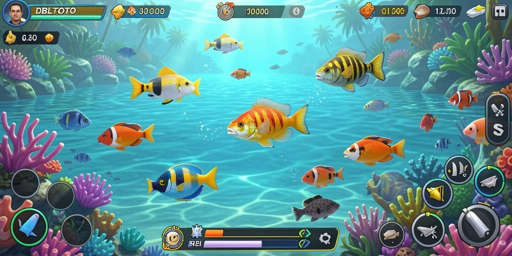 Screenshot gameplay DBLTOTO menampilkan aksi seru menembak ikan.