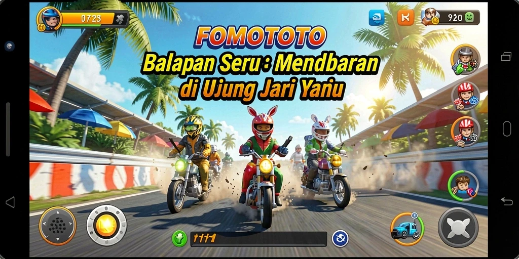 Tampilan gameplay seru FOMOTOTO dengan balapan mendebarkan.