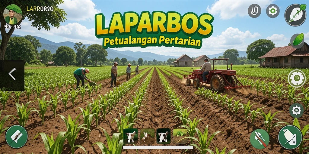 Tampilan menarik dari gameplay LAPARBOS di dunia pertanian yang luas.