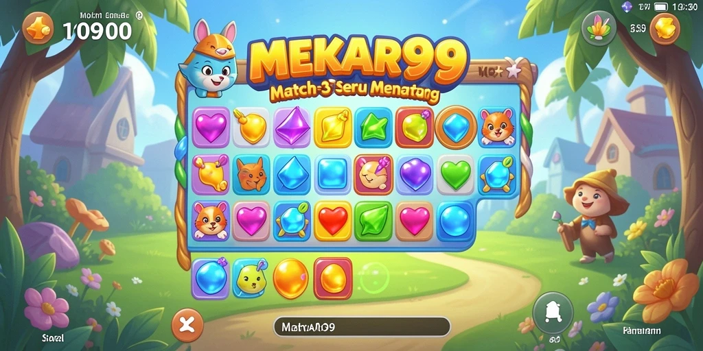 Screenshot MEKAR99 menampilkan gameplay seru Match-3 yang penuh warna.