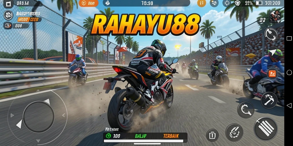 Screenshot gameplay RAHAYU88 dengan aksi balap motor yang menegangkan.