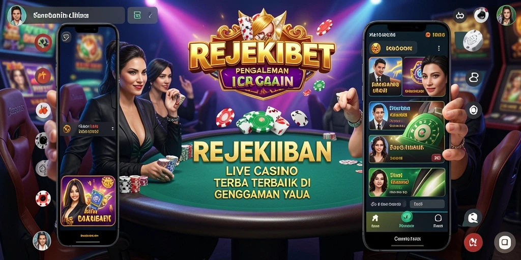 Screenshot gameplay REJEKIBET dengan dealer langsung dan suasana kasino.