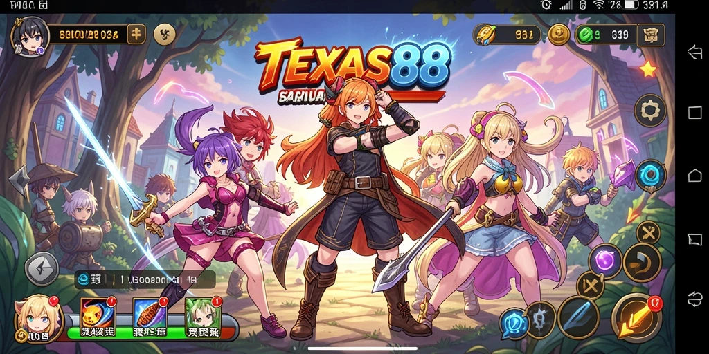 Screenshot gameplay TEXAS88 menampilkan aksi seru dan karakter anime.